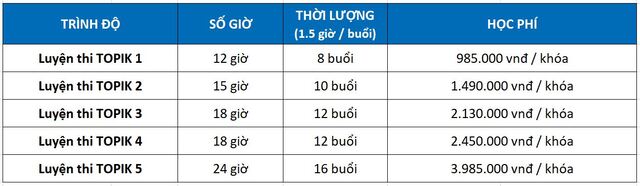 <div style="text-align: center;">Bảng học phí luyện thi chứng chỉ tiếng Hàn TOPIK tại NewSky</div>